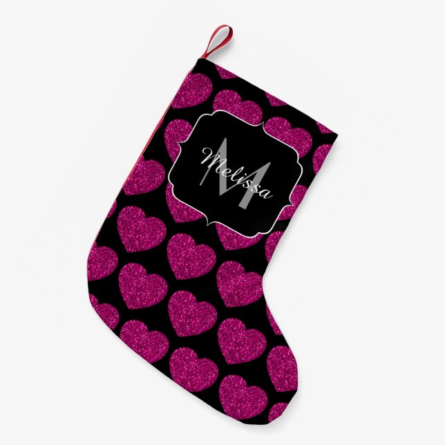 Calcetín Navideño Pequeño Patrón de chismes de corazón rosado caliente Monog (Frente (Colgado))