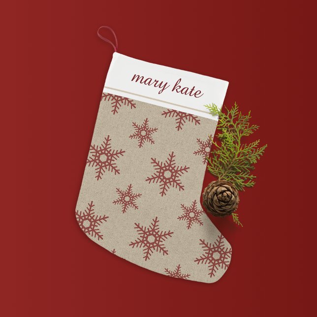 Calcetín Navideño Pequeño Patrón de copo de nieve de Burlap Rojo Rústico (Subido por el creador)