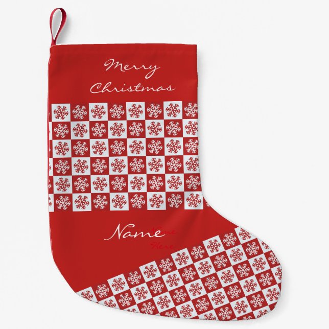 Calcetín Navideño Pequeño Patrón de copo de nieve de comprobación rojo/blanc (Anverso)