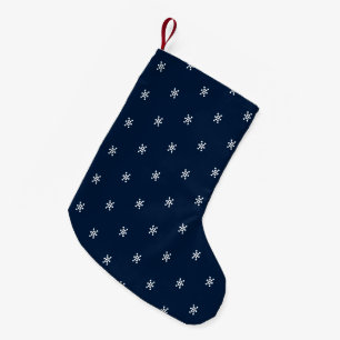 Calcetín Navideño Pequeño Patrón de copos de nieve azul marino y blanco