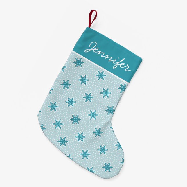 Calcetín Navideño Pequeño Patrón de copos de nieve helados azules (Frente (Colgado))