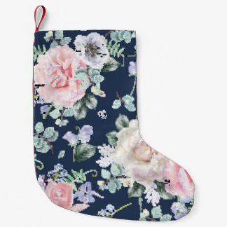 Calcetín Navideño Pequeño Patrón de cosecha azul de Rosas botánicos.