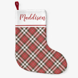 Calcetín Navideño Pequeño Patrón de cuadros rojos de Navidad con nombre pers