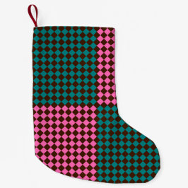 Calcetín Navideño Pequeño Patrón de diamante de cuadros rosa verde azulado m