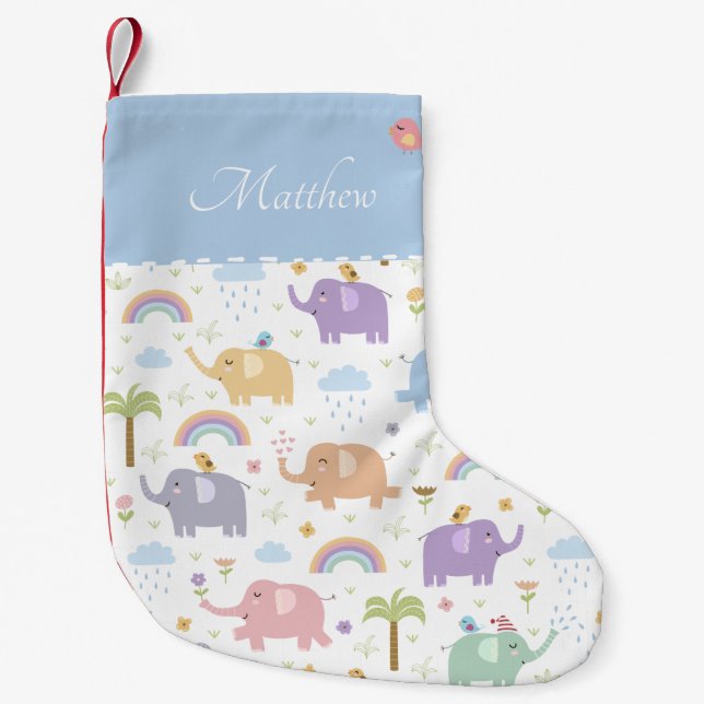 Calcetín Navideño Pequeño Patrón de elefante azul pastel para niño pequeño (Anverso)
