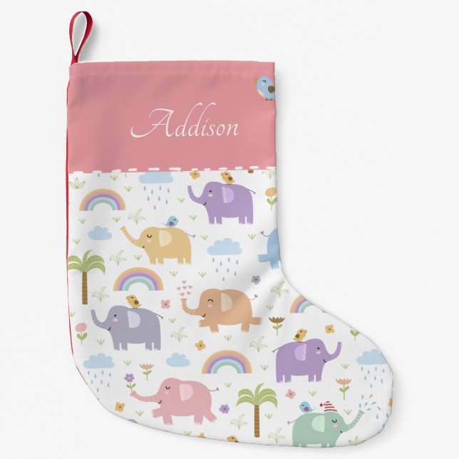 Calcetín Navideño Pequeño Patrón de elefante rosa pastel para niñita (Anverso)