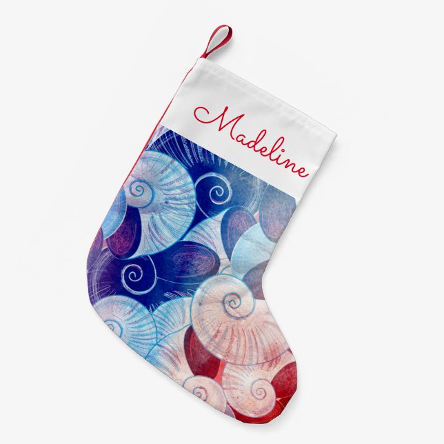 Calcetín Navideño Pequeño Patrón de escena de la concha| Agregar su nombre (Frente (Colgado))
