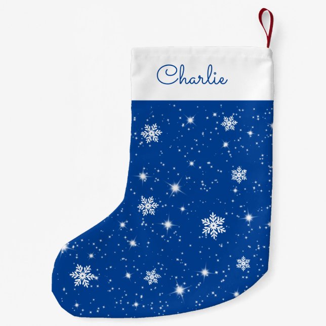 Calcetín Navideño Pequeño Patrón de estrellas de copos de nieve azul blanco  (Reverso)