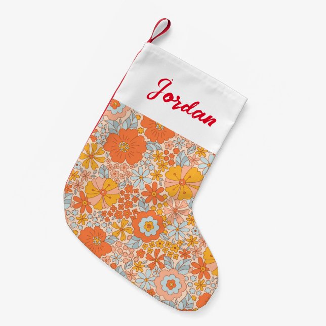 Calcetín Navideño Pequeño Patrón de flor retro naranja (Frente (Colgado))