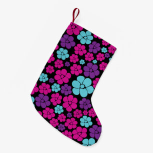 Calcetín Navideño Pequeño Patrón de Flor - Rosa, Púrpura, Azul y Negro