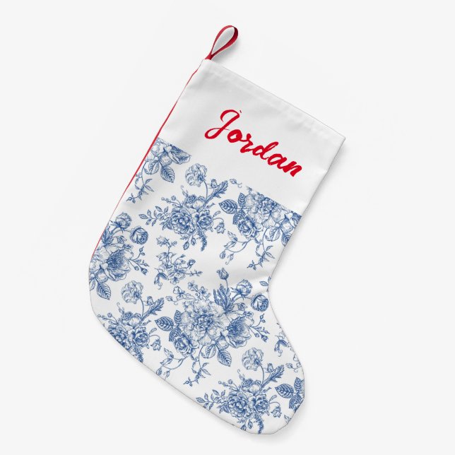 Calcetín Navideño Pequeño Patrón de flores azules (Frente (Colgado))