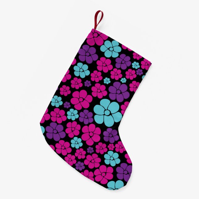Calcetín Navideño Pequeño Patrón de flores: rosa, púrpura, azul y negro (Frente (Colgado))