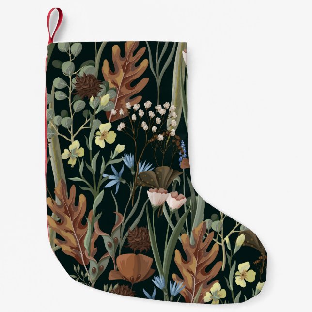 Calcetín Navideño Pequeño Patrón de flores silvestres y secas. (Anverso)