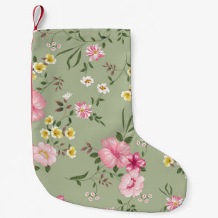 Calcetín Navideño Pequeño Patrón de flores vintage sin foco sobre fondo verd