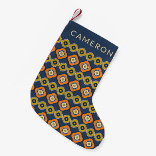 Calcetín Navideño Pequeño Patrón de formas retro de Boho 70 con nombre azul