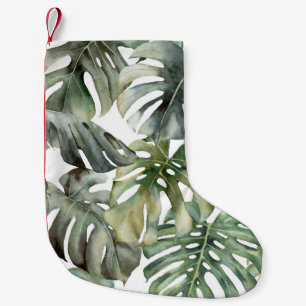Calcetín Navideño Pequeño Patrón de gran acuarela de monstera tropical