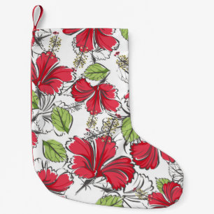 Calcetín Navideño Pequeño patrón de hibiscos con hojas tropicales y flores