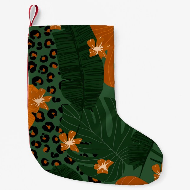 Calcetín Navideño Pequeño Patrón de hojas tropicales de leopardo exótico (Anverso)