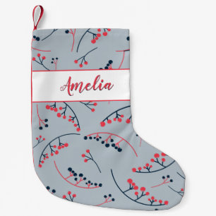 Calcetín Navideño Pequeño Patrón de ilustracion de bayas azules rojas modern