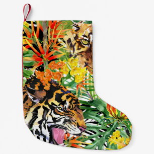 Calcetín Navideño Pequeño Patrón de jungla acuarela del tigre tropical