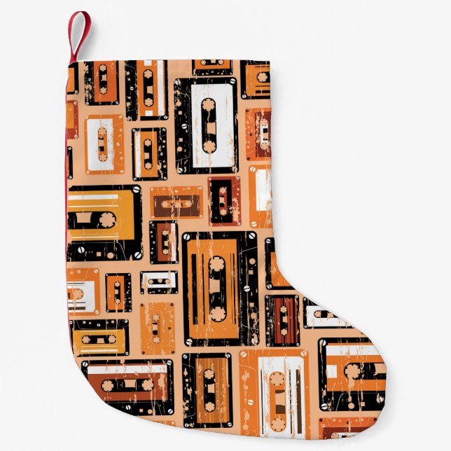 Calcetín Navideño Pequeño Patrón de la cinta de cassette retro sin problemas (Anverso)