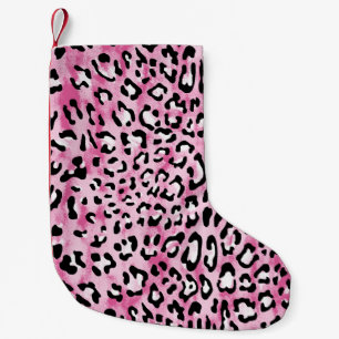 Calcetín Navideño Pequeño Patrón de Leopardo Blanco Rosa.