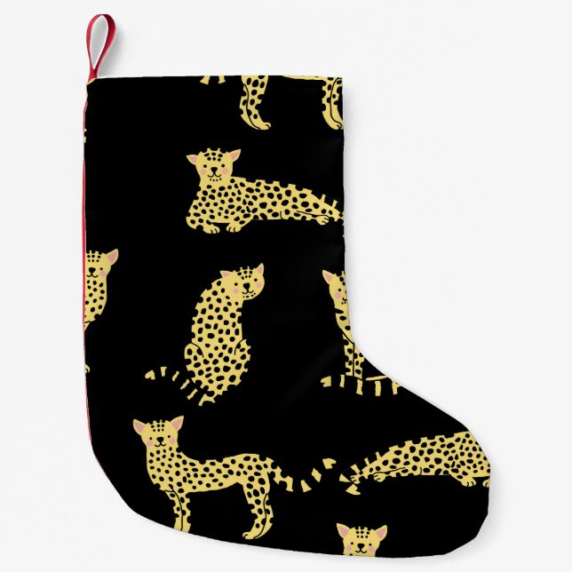 Calcetín Navideño Pequeño Patrón de leopardo: chita de fondo negro (Anverso)