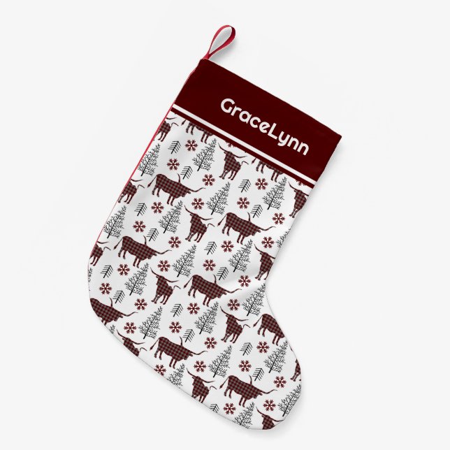 Calcetín Navideño Pequeño Patrón de Longhorn de búfalo trenzado de marrón (Frente (Colgado))