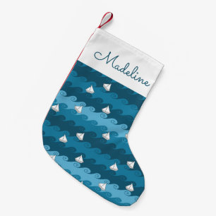 Calcetín Navideño Pequeño Patrón de los barcos de papel  Agregar su nombre