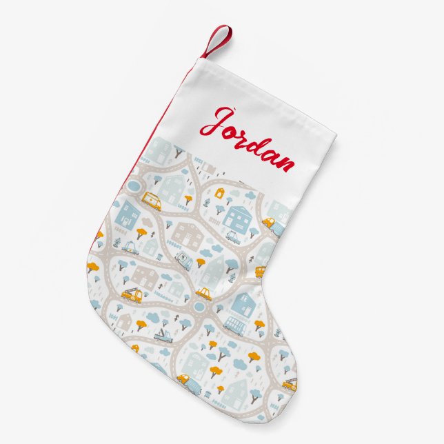 Calcetín Navideño Pequeño Patrón de mapa del barrio de Cute Pastel (Frente (Colgado))