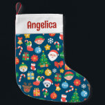 Calcetín Navideño Pequeño Patrón de Navidades alegres en azul<br><div class="desc">Alegre patrón de Navidades multicolores con santa,  renos,  elfos,  muñecos de nieve,  oso polar,  regalos,  arcos rojos y verdes,  decoraciones,  latas de dulces,  medias rojas,  etc.</div>