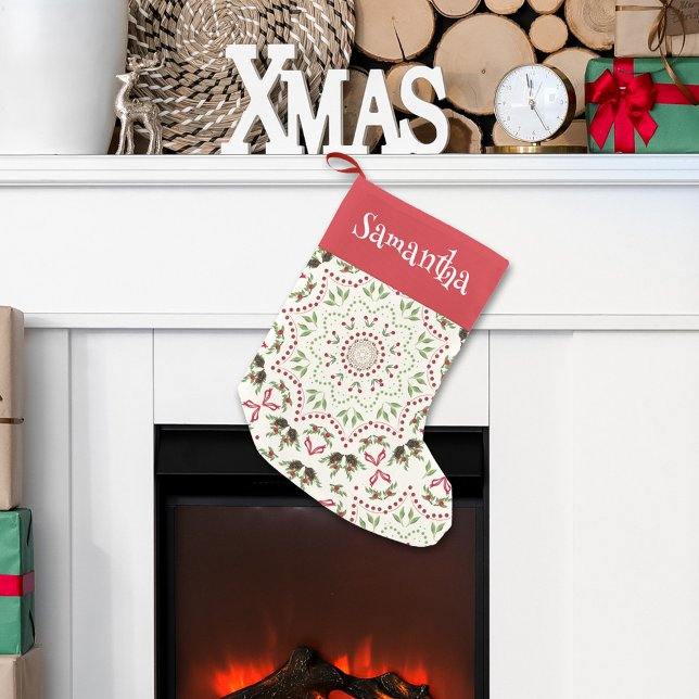 Calcetín Navideño Pequeño Patrón de Navidades de guiones rojos personalizado (Christmas holiday mandala pattern Holiday Stocking. )