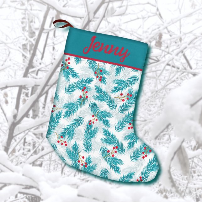 Calcetín Navideño Pequeño Patrón de Navidades de Pine Twigs y Red Berries (Subido por el creador)