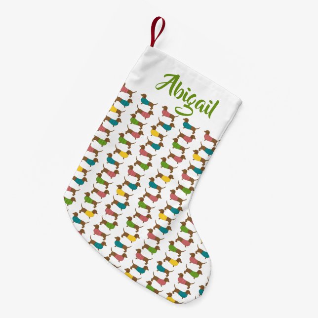Calcetín Navideño Pequeño Patrón de Navidades personalizados de Dachshund (2 (Frente (Colgado))