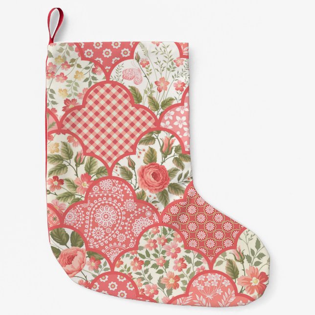 Calcetín Navideño Pequeño Patrón de parchwork floral de Rosas Pastel (Anverso)