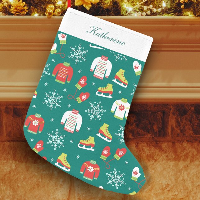 Calcetín Navideño Pequeño Patrón de patines de hielo, Mittens y Snowflakes V (Subido por el creador)