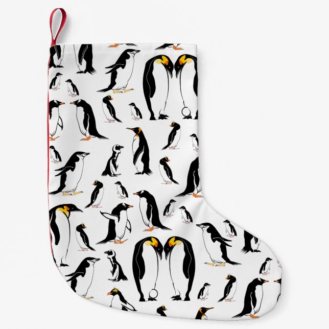 Calcetín Navideño Pequeño Patrón de pingüino blanco y negro (Anverso)