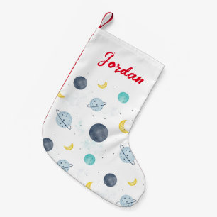 Calcetín Navideño Pequeño Patrón de plano de espacio azul acuarela