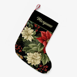 Calcetín Navideño Pequeño Patrón de Poinsettia de Vintage en negro