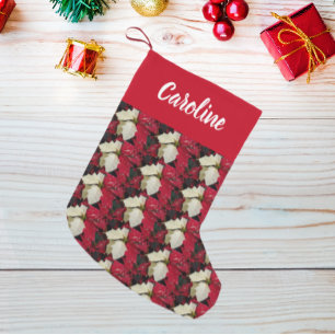 Calcetín Navideño Pequeño Patrón de poinsettia rojo y blanco con nombre
