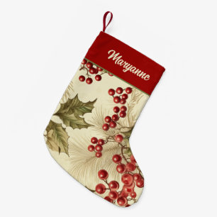 Calcetín Navideño Pequeño Patrón de Poinsettia y Berries de época