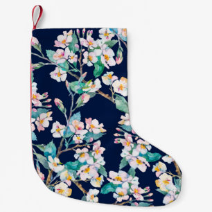 Calcetín Navideño Pequeño Patrón de primavera. Ramas floridas. Acuarela. Vi