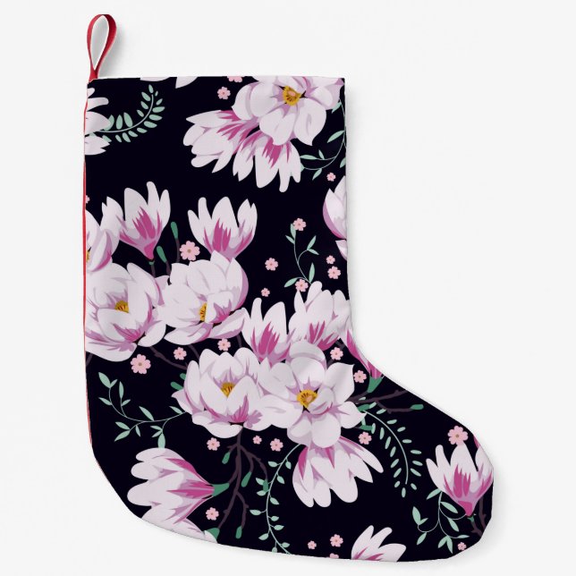 Calcetín Navideño Pequeño Patrón de primavera sin foco con magnolias. (Anverso)