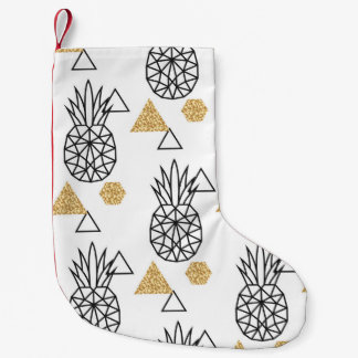 Calcetín Navideño Pequeño Patrón de puntos de oro de piña geométrica.