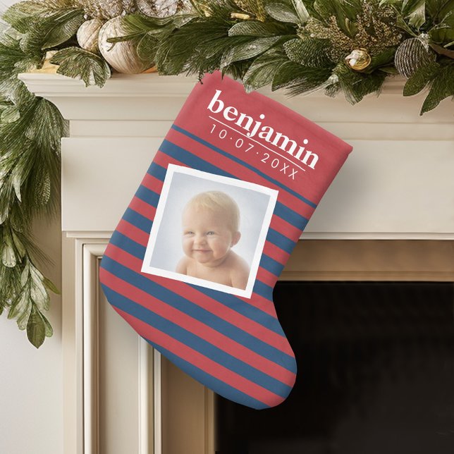 Calcetín Navideño Pequeño Patrón de rayas de niño con foto de bebé y cumplea (Personalized Christmas Stocking)