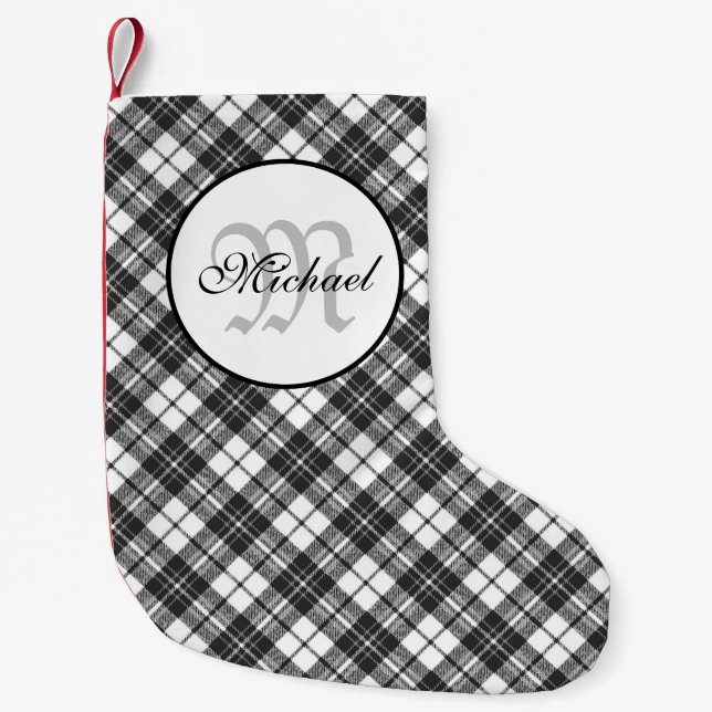 Calcetín Navideño Pequeño Patrón de Tartán Navidades Monograma blanco negro (Anverso)