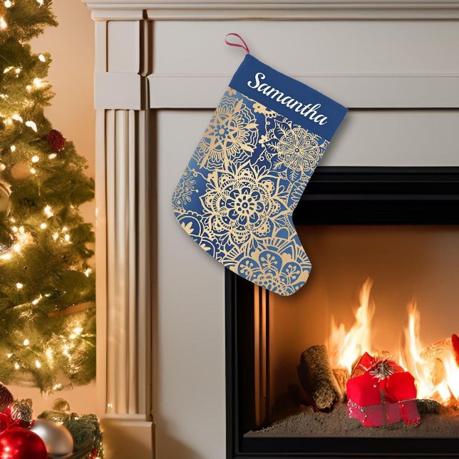Calcetín Navideño Pequeño Patrón elegante de Mandala azul y oro (Subido por el creador)