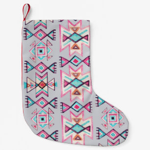Calcetín Navideño Pequeño Patrón étnico geométrico, acuarela tribal.