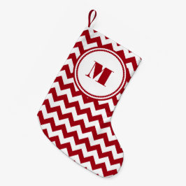 Calcetín Navideño Pequeño Patrón festivo de monograma con chevron rojo