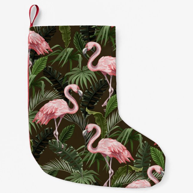 Calcetín Navideño Pequeño Patrón Flamingo Tropical: Hojas Vintage (Anverso)